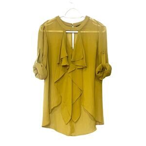 BCBGMAXAZRIA Sheer Blouse Top Enya Cascade Ruffle Olive Green Roll Up Sleeve XS